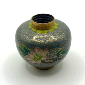 Vintage Cloisonné Mini Vase Blue Floral Enamel Brass